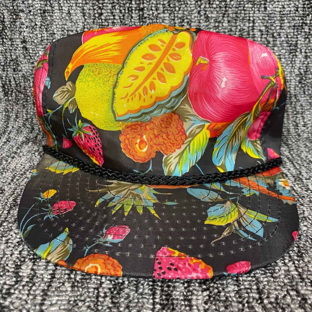 VTG Nissin Cap Fruit Print Hat Rope Trim Snapback 5 Panel Hawaiian Retro 80s 90s